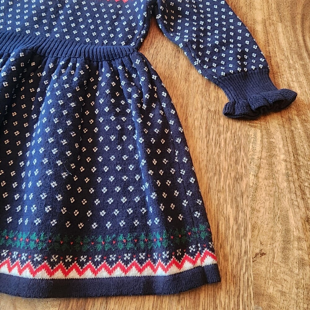 Janie And Jack Dress Girls 18-24 Months Blue Sweater Fair Isle Trees Winter Knit - Picture 2 of 15
